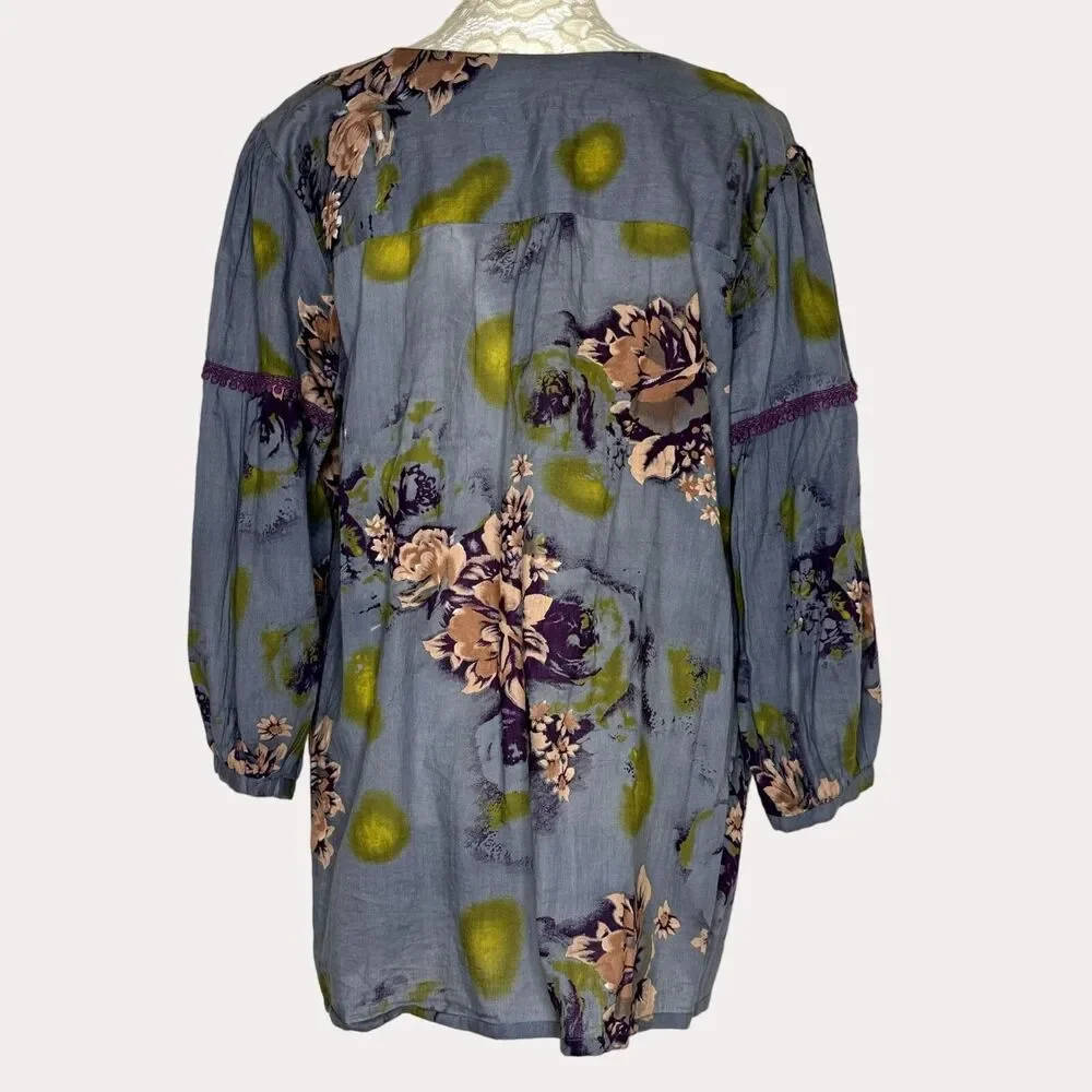 World Market Boho Pleated Crochet Trim Swing Top Blouse Floral S M